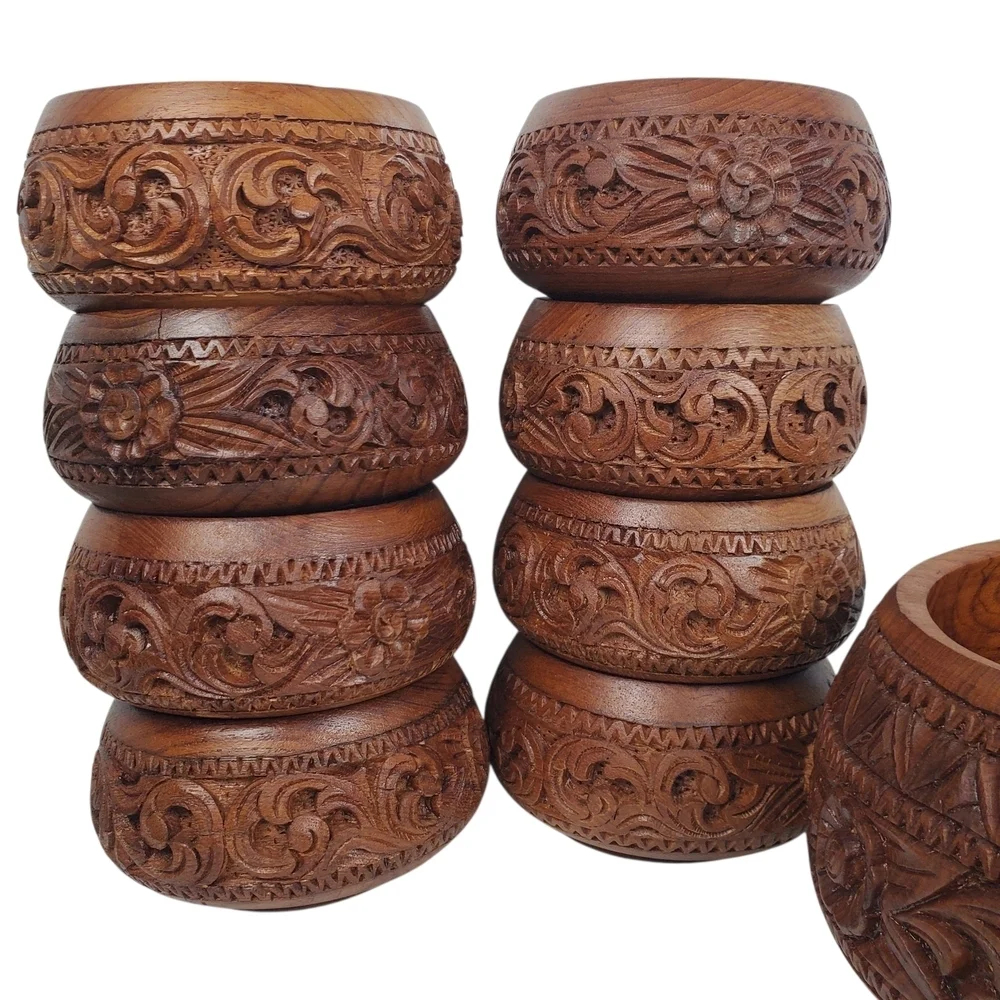 Vntg Hand Carved Wooden Salad Bowl Set. 9 Pc set. Mid-Century Modern